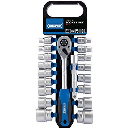 Draper 16375 1/2-Inch Square Drive Metric Socket and Ratchet 19 Piece Set, Blue