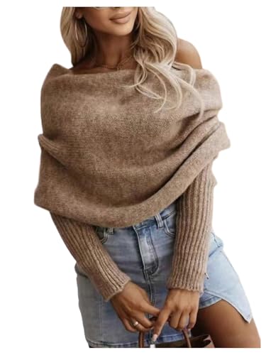 GORGLITTER Women's Off The Shoulder Wrap Sweater Trendy Crisscross Winter Fall Fashion Long Sleeve Knit Pullover Khaki Small