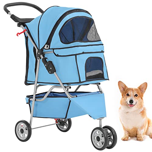 BestPet | 3-Wheel Foldable Pet Stroller | Blue | Lightweight &amp; Portable