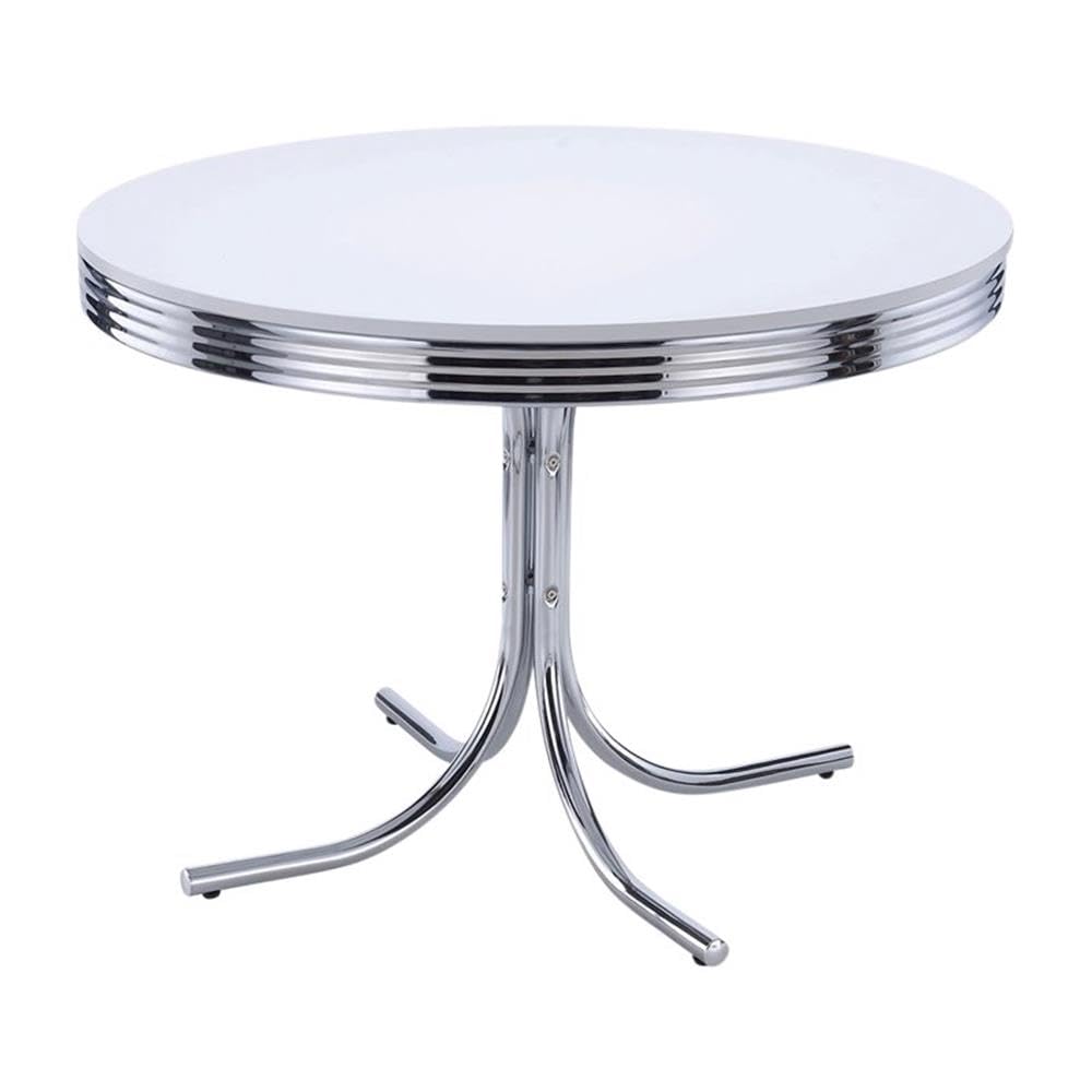 BOWERY HILL Modern Metal Round Dining Table in White and Chrome, 30" H x 42" W x 42" D