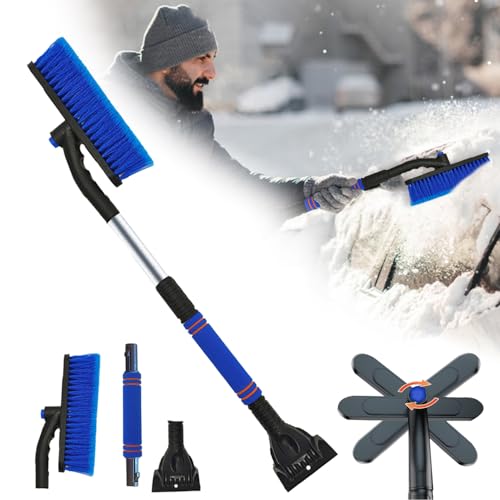 Amebleak Auto Eiskratzer 80cm, 3 in1 Auto Reinigungsbürste Eiskratzer Schneebesen mit Besen und 360 Grad Bürstenkopf, Auto Schneebürste Schneekratzer mit Schaumstoffgriff für PKW LKW SUV (Blau)