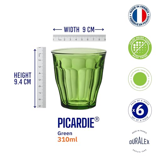 Image of Duralex France Picardie Green Tempered Glass Tumbler 310 ML Set of 6 Glasses | 3X Stronger & Durable | Microwave & Dishwasher Safe | Ultra Scratch-Resistant | Stylish & Giftable Drinking Glass