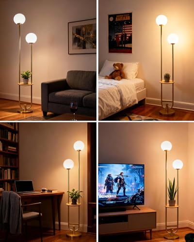 Image of Lightdot 63IN Gold Floor Lamp with Table 2 Globe Mid Century Standing Lamps with 3000K LED Bulbs Unique U-Pole Vintage Floor Lamp with 5Lbs Heavy Base for Living Room /Party /Sofa Beside /Corner Decor