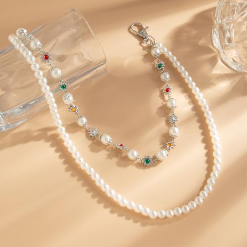 Image of Layered Pants Wallet Chain for Men Women Trendy Vintage Flower Pearl Rhinestone Wallet Chain Dainty Fashion Street Jeans Punk Keychain Jewelry Clothing Accessories