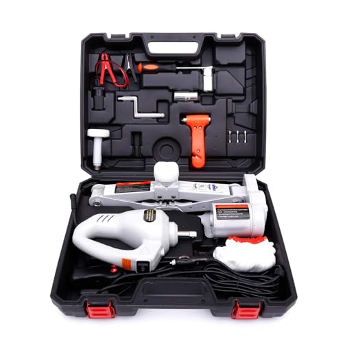 Trihelper Electric Car Jack Kit 12V Trailer Floor Jack Stands Set 3 Ton Vehicle Scissor Car Lift for Tire Change and Road Emergency with Impact Wrench