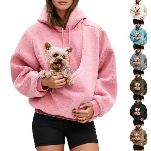 Women Pet Carrier Hoodie Cat Dog Pouch Holder Sweatshirt Shirt Top Larger Pocket Fleece Warm Long Sleeve Hooded Pullover Black