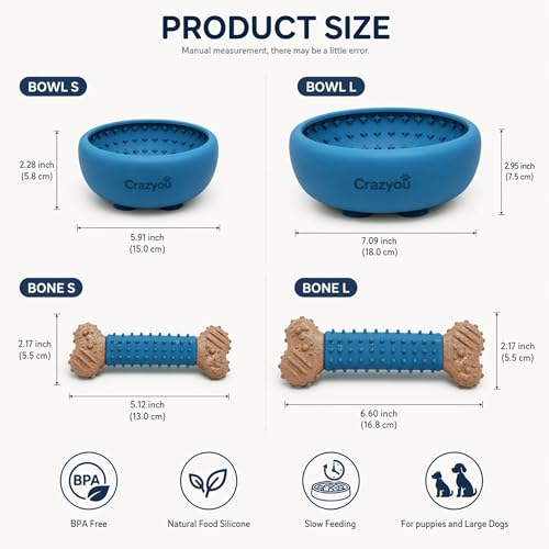 Image of Silicone Dog Lick Bowl with Bone Chew Toy, Lick Mat Freezer Bowl (Blue, S)