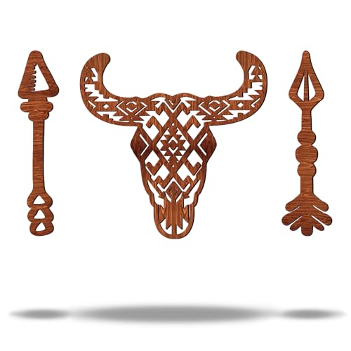 Blulu 3 Pcs Western Cow Skull Wall Decor 12''wooden Bull Skull Signs with 2 Arrows Longhorn Bathroom Decor Southwestern Art Cow Horns Sign for Home Bedroom Room Farmhouse Indoor(Brown)