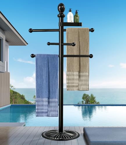 Pool Outdoor Towel Rack, 6 Bars with Top Tray Metal...