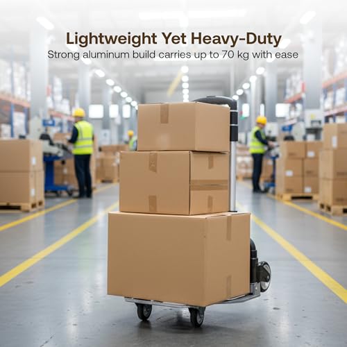 Image of BonKaso Folding Hand Truck 70Kg Capacity | Heavy-Duty Luggage Trolley with Telescopic Handle | Lightweight Collapsible Cart for Travel, Home & Office Use (40x41x100cm) Silver