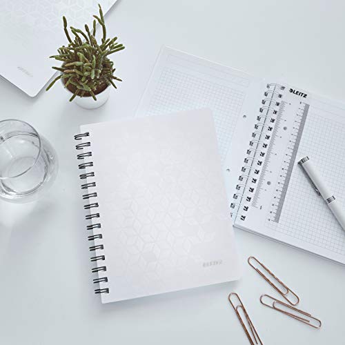 Leitz WOW Collegeblock A5 kariert, 160 Seiten, 80 Blatt FSC-zertifiziertes Papier 80 g/m², Doppelspiralbindung, PP-Einband, Notizbuch mit Sichthülle und Lineal, Für Büro oder Schule, Weiß, 46410001