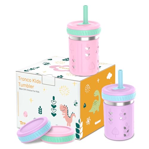 Image of Tronco [2 Pack] 10 oz 2-in-1 Stainless Steel Kids Tumbler Cups with Silicone Sleeves, Spill-Resistant Flexible Straws & Storage Lids, BPA-Free Smoothie and Snack Cups, Dishwasher Safe