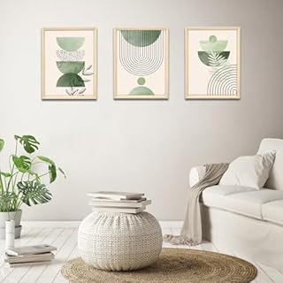 3Pcs Cadre en bois Impression sur Toile Boho Vert Sauge Tableau Peinture Minimaliste Géométrique Beige Vert Tableau Decoration Murale Salon Chambre Maison 90x40cm(12"x16"x3pcs) (Pas de plexiglas)