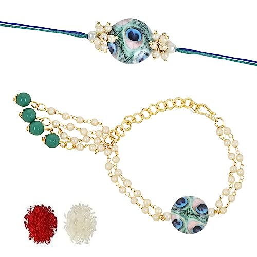 Image of I Jewels Pearl Bhaiya Bhabhi Lumba Rakhi Bracelet Combo Set With Roli Chawal & Rakshabandhan Greeting Card