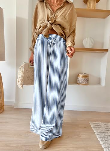 Image of Acelitt Women Casual Drawstring Elastic Waist Striped Wide Leg Pants with Pockets, S-XXL