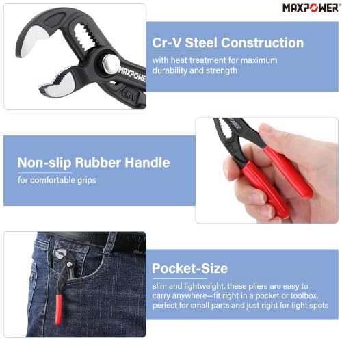 Image of MAXPOWER 5-Inch Tongue-and-Groove Pliers, 0.98 inch Jaw Opens V Jaw Mini Pliers | Quick Release Push Button Adjustable Pliers, Serrated Teeth, Comfortable Grips