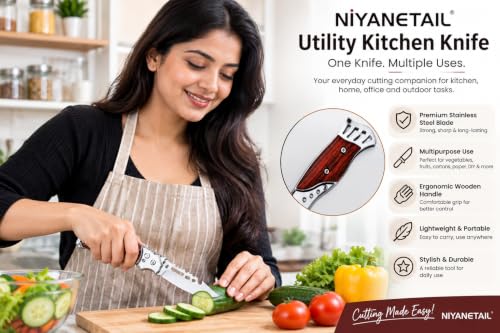 Image of Kitchen Knife Peeler with Wooden Handle | Multipurpose Stainless Steel Cutter for Vegetables, Fruits, Crafts, Carton Opening, Paper Cutting, Packaging, Kitchen & Household Use Multicolour