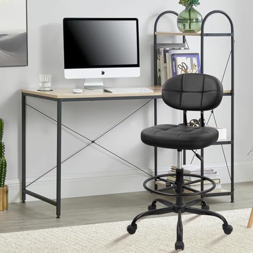 Image of KLASIKA Drafting Stool with Backrest, Tall Adjustable Height Office Chair, PU Leather Swivel Rolling Stool with Footrest & Wheels for Standing Desk, Bar, Salon, Spa, Lab, Counter, Home, Black,4PK