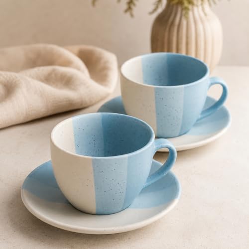 Image of The Earth Store TT Blue Ceramic Cappuccino Cup with Saucer Set of 4 | 250ML Coffee & Tea Cups | Microwave & Dishwasher Safe |Stylish Cups for Home, Cafe & Gifting