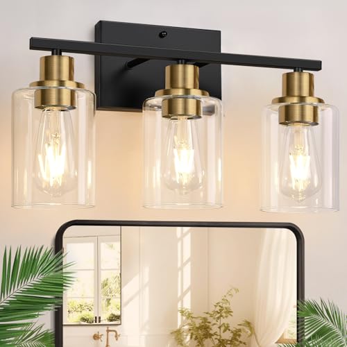 Image of Indoi 3-Light Bathroom Light Fixtures, Black and Gold Modern Vanity Lights with Clear Glass Shades, Bathroom Wall Lamp for Mirror Living Room Cabinet Bedroom Porch
