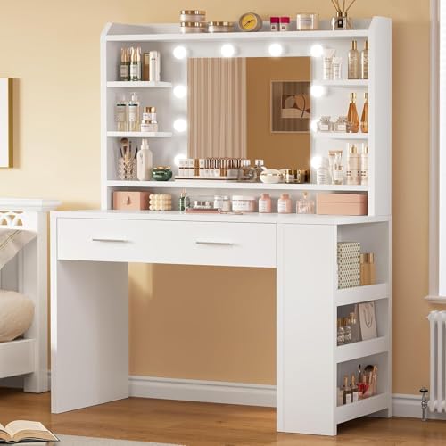 TEENFON Coiffeuse avec Miroir,Luminosité Réglable,3 Couleurs, Coiffeuse avec 4 étagères Ouvertes, Blanc,Rangement Latéral