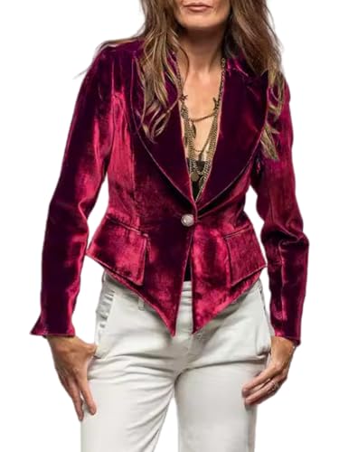 Vintage Velvet Blazer Jacket for Women's, Long Sleeve Notched Lapel Single Button Business Office Jackets Coat with Pocket