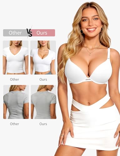 Upushall Womens Plunge Padded Push Up Bras for Small Breast Seamless T Shirt Bra Underwire White - image 2