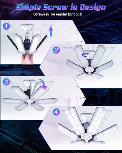Kpbotl KPCKD-02 150W Upgrade Led Garage Lights 2 Pack Screw In Garage Light Bulb 6+1 Adjustable Panels Garage Lighting 15000Lm 6500K Deformable Garage Lights Ceiling Led Shop Light For Barn Attic Basement thumb #4