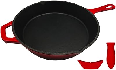 Karv Skillet - 10.25 inch/ 26cm Cast Iron Pre-Seasoned Skillet - Dual Handle with Sillicone Slips - Heavy Duty Frying Pan (Red Enameled)