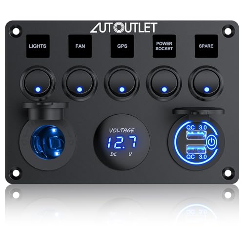 AUTOUTLET Schalter Panel 5 Gang, 12V/24V Kippschalter Panel IP66 Wasserdichte Dual-USB-Ladegerät LED Voltmeter Zigarettenanzünder mit Funktionsaufkleber, für Auto Boot Marine Truck Camper Fahrzeuge