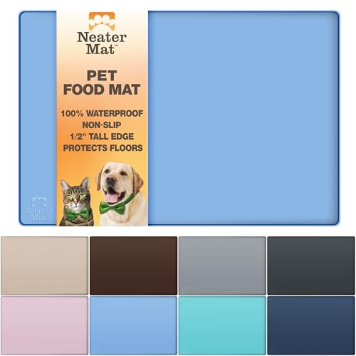 Image of Neater Pet Brands Neater Mat Pet Mats for Food and Water, Cat & Dog Bowl Mat Waterproof Silicone, Feeding Tray, Dog Food Mats for Floors, Placemat w /Raised Edge for Under Bowls, 32 inch x 24 inch, Light Blue