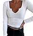 Roselux Women V Neck Ribbed Long Sleeve Shirt Fitted Basic Henley Knit Top White M
