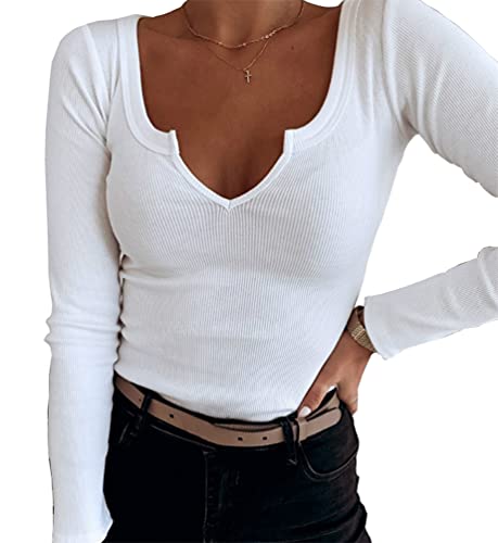 Roselux Women V Neck Ribbed Long Sleeve Shirt Fitted Basic Slim Knit Top2