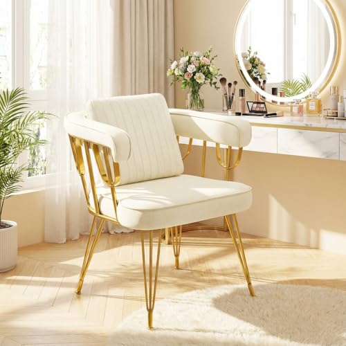 Hellove Chaise Coiffeuse Velours avec Gold Métal Pied, Fauteuil Salon avec Accoudoirs en Métal Plaqué Or, Moderne Vanity Chair Cocooning pour Salle à...