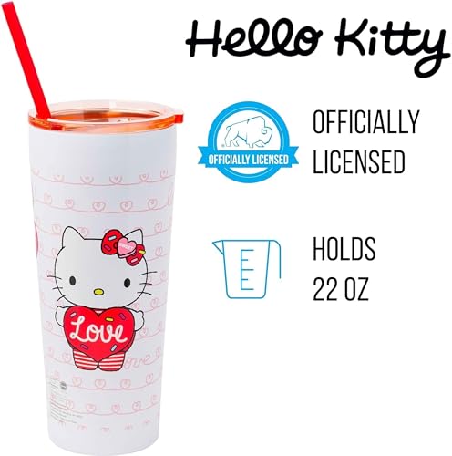 Image of Silver Buffalo Hello Kitty Heart Balloons Double Walled Stainless Steel Tumbler with Straw, 22 Ounces (Pack of 12)