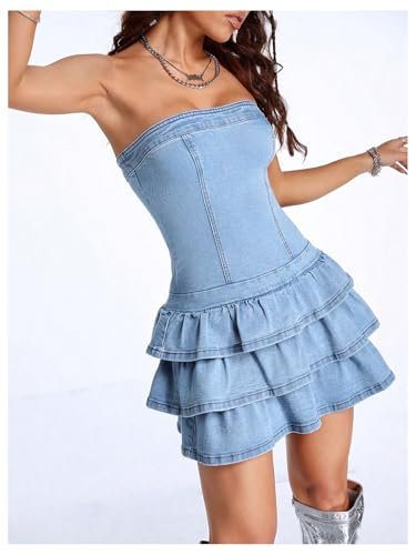 WDIRARA Women's Strapless Layered Ruffle Denim Dress Bandeau Slim Fit Mini Dresses4