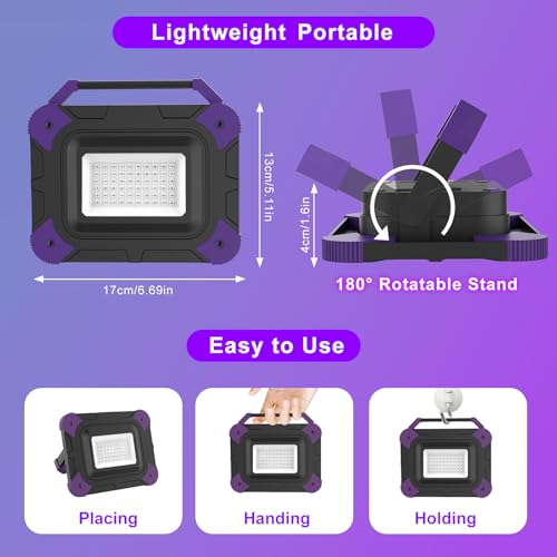 Image of Rechargeable LED Black Light, Battery Powered Blacklight, Cordless Ultraviolet Flood Light, Waterproof Black Lights for Outdoor Glow Party, Body Paint, Fluorescent Poster, Night Fishing,Stage Lighting