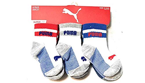 PUMA Baby Infant Boys 6pk Anklet Superlite Athletic Socks (12-24 Mos, White/Red/Blue)