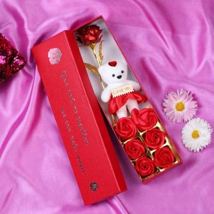 TIED RIBBONS Valentine Gift for Girlfriend Boyfriend Husband Wife Girls Boys Romantic Love Couple Men Women - Artificial Red Rose Flower with Teddy Gift Box