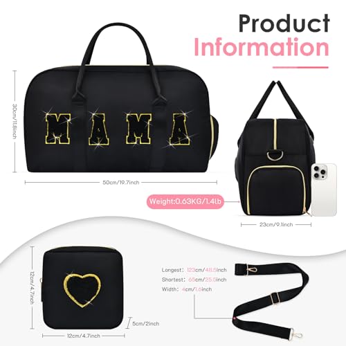 Mama Hospital Bag for Women Labor and Delivery Nylon Chenille Letter Embroidered Duffle Overnight Weekender Bag with Shoes Compartment and Mothers Day Gifts Black-Gold by KUIRAN - Used condition - Image 4