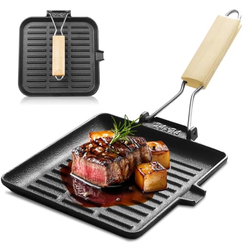 GOEDCH Sartén para Parrilla: 24 x 24 cm Negro Sartén para Carne Hierro Fundido, sartén Antiadherente con Mango de Madera Plegable, Cuadrada para Carne con Pico Vertedor para Todo Tipo de Fuegos