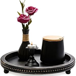 Handmade Decorative Tray for Coffee Table Small Beaded Coffee Table Tray Decor Black Wooden Round Serving Tray for Coffee Table Dining Room Table Entryway and Living Room Table