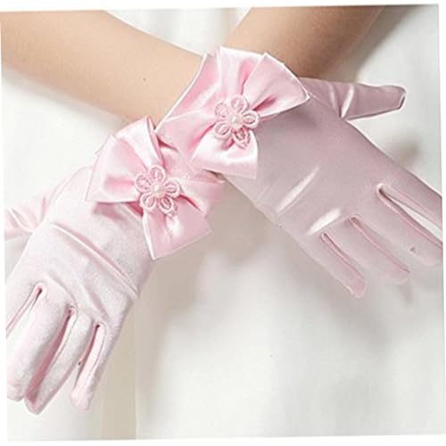 GALPADA Pink Lace Flower Girl Gloves Short Wrist Full Finger Bowknot Design for Weddings Baptism Easter Costume Prom Party Accessories3