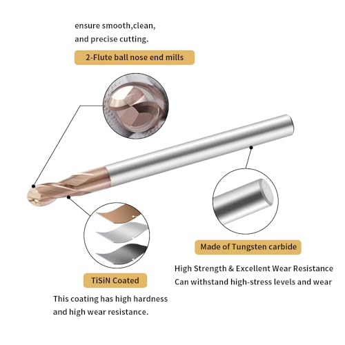 Image of Carbide Ball Nose End Mills-2 Flute TISIN Coated,for Milling Alloy Steels, Hardened Steel, Metal etc.1 Pcs R2x50mm