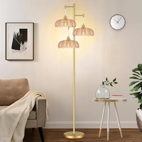 Image of QIYIZM Glass Floor Lamp for Living Room,Bedroom,Gold Mid Century Modern Standing Lamp Brass Tree 3 Light Tall Floor Lamps Vintage Retro Floor Lights Flower Lamp Shade Farmhouse Boho Bohemian