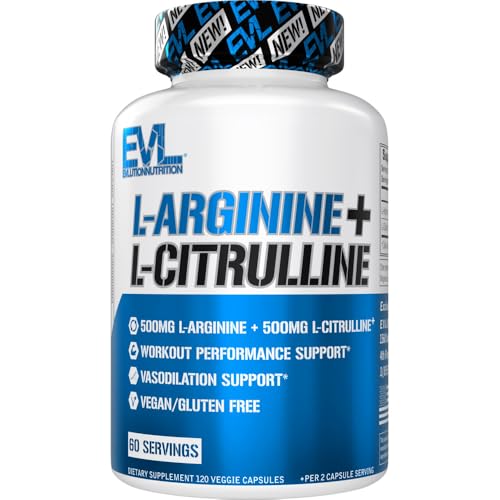 Evlution Nutrition L-Arginine + L-Citrulline - Support for Endurance and Workout Performance - 1000mg Complex - Vasodilation + Nitric Oxide Support - Vegan + Glu