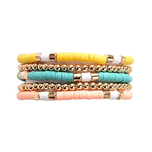 GOOJIDS Bamboo Tube Bangles Bracelet Chunky Curved Stacking Clear Acrylic Colorful Beads Stretchable Friendship Gold Bracelets Gift For Women