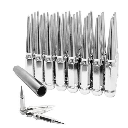 Image of 32Pc 6 inch Tall Chrome M14x1.5 XL Spike Lug Nut+Key Fit Excursion F250 /F350 Dually and Gift Set 4 Pcs Chrome Aluminum Tires Valve Stem Cover Caps