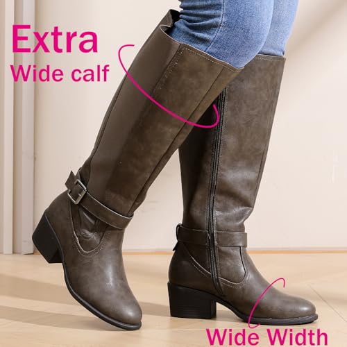 Image of Luoika Women's Extra Wide Calf Heeled Knee High Boots. | Wide Width, Winter Boots, Block Heel, Adjustable Buckle, Round toe