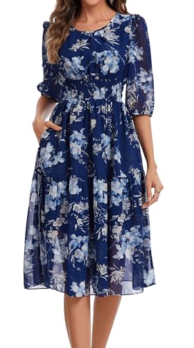 Image of Kormei Women Casual Boho Floral Round Neck 3 /4 Sleeve Smocked Waist Tiered A Line Flowy Swing Midi Dress Long Dresses